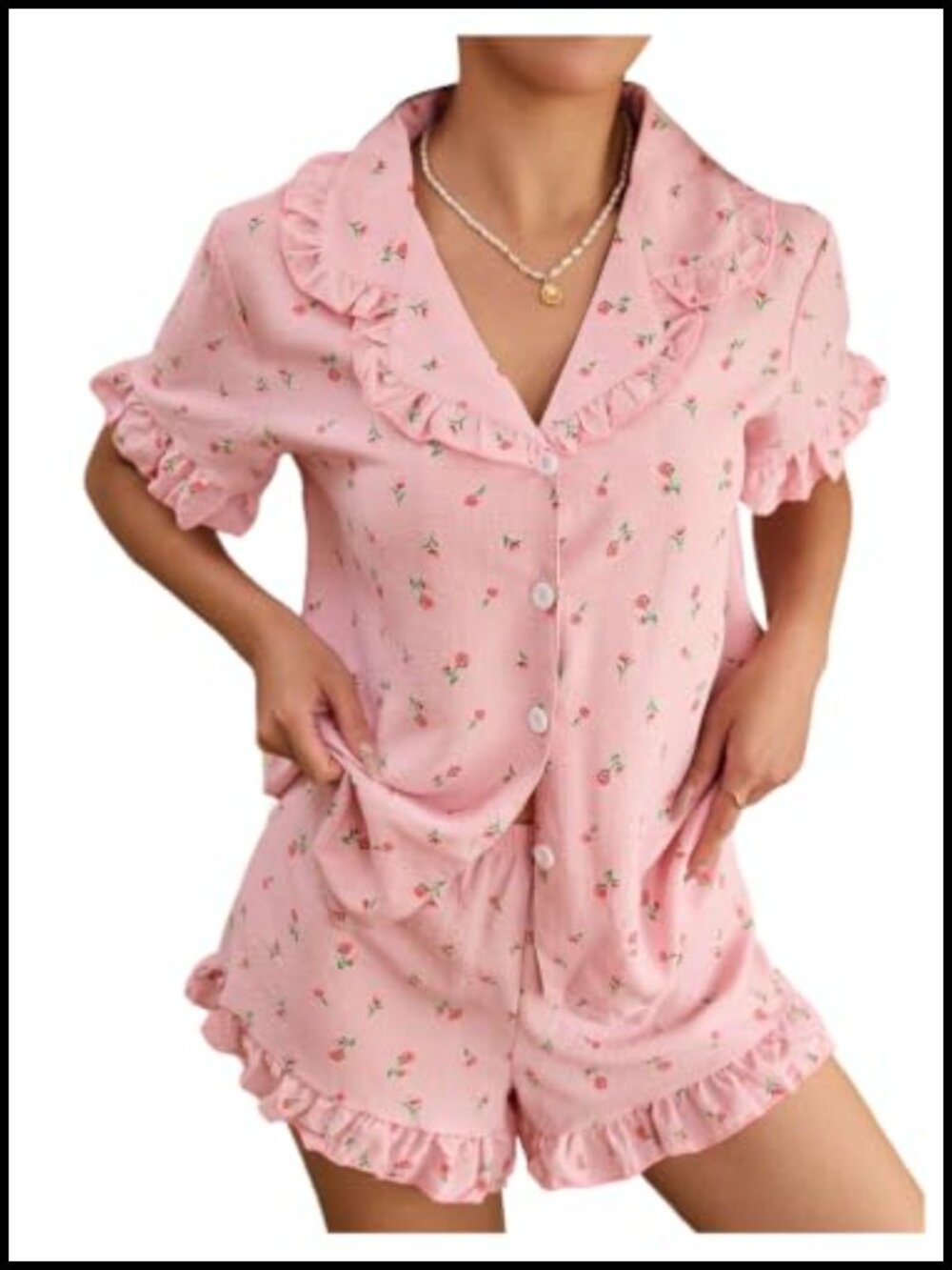 2 Piece Floral Pajama Set Ruffle Button Down Shirt with Shorts Loungewear